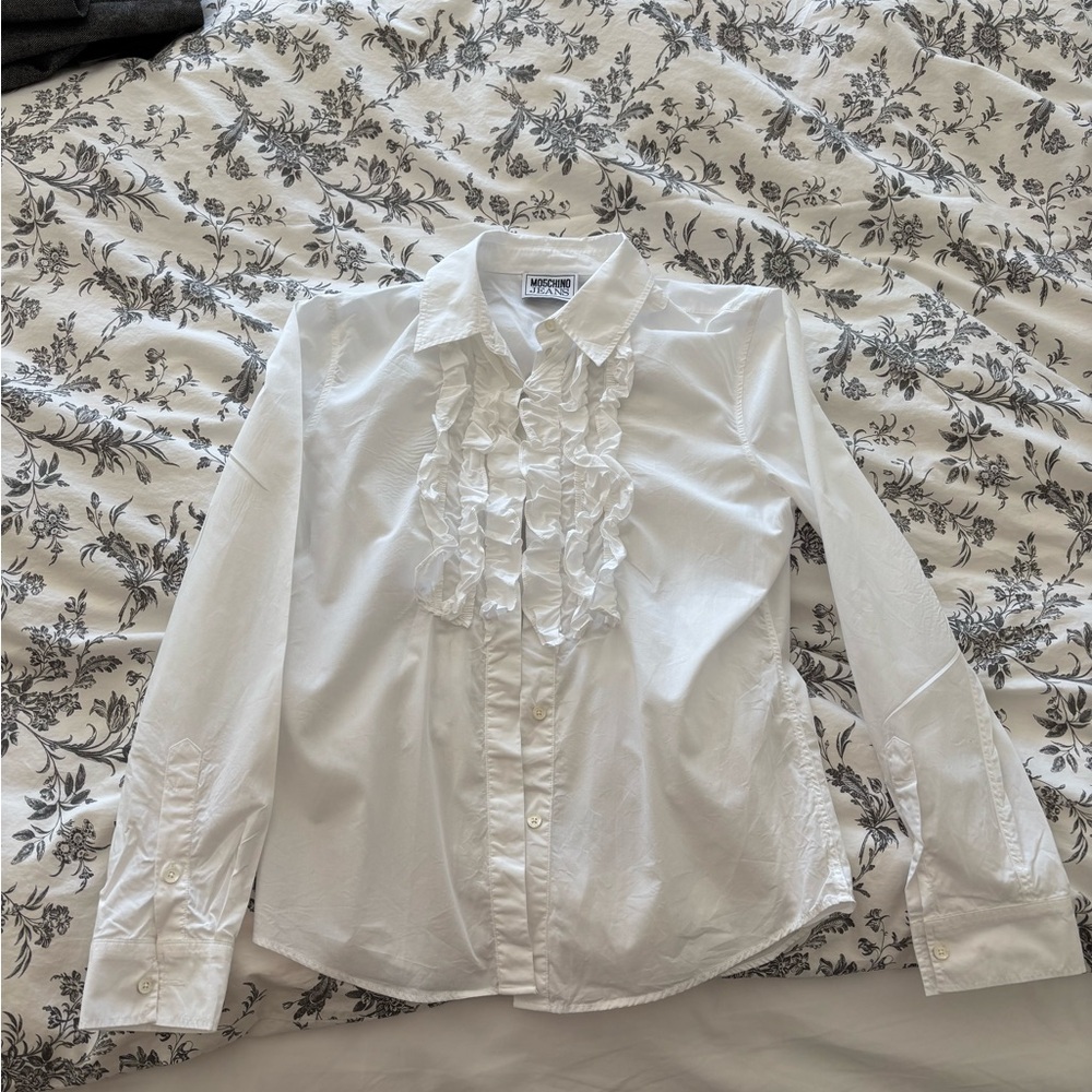 Moschino White Ruffled Button-Up Shirt - Picture 3 of 7